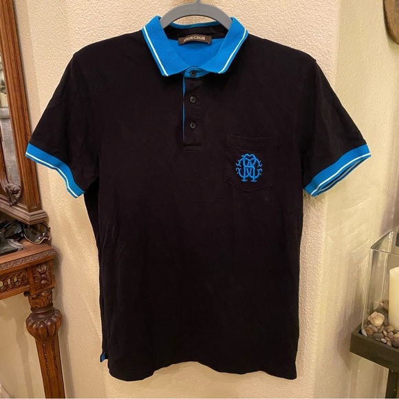 Roberto Cavalli Other - ROBERTO CAVALLI Men Black Blue Collar Embroidery Polo Top Size Large-Fit Small
